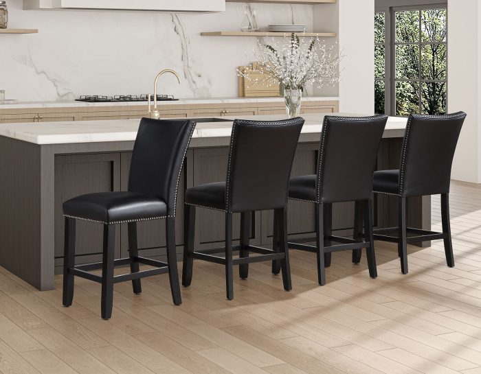 Artemis 54″ Square Gray Marble Counter Table with Artemis Black Vegan Leather Counter Chairs