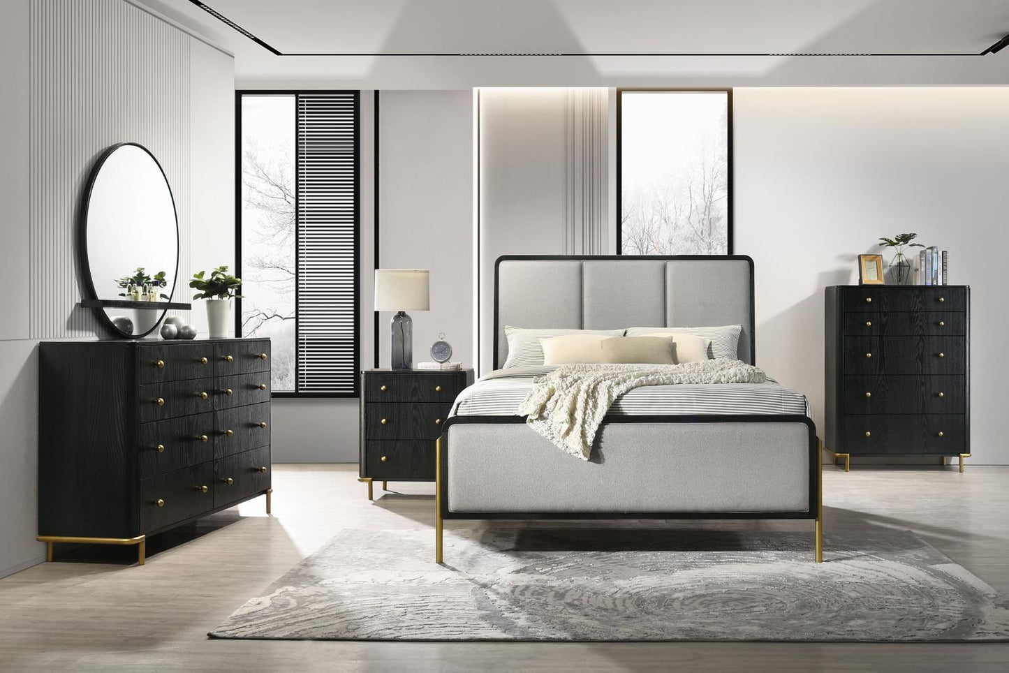 Arini Bed, Dresser, Round Mirror, Chest & Nightstands