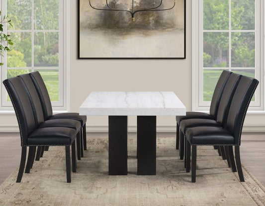 Artemis 5 Piece 70″ Rect White Marble Table, Black Finish w/4 Black Vegan Leather Chairs