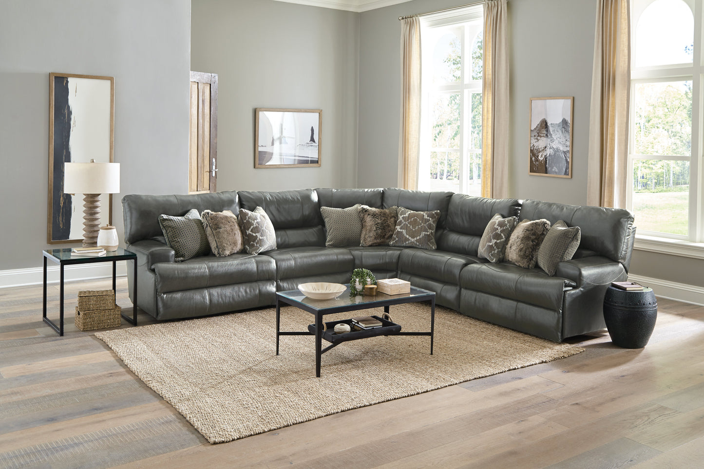 Como 5 Piece Leather Power Reclining Sectional (STEEL)