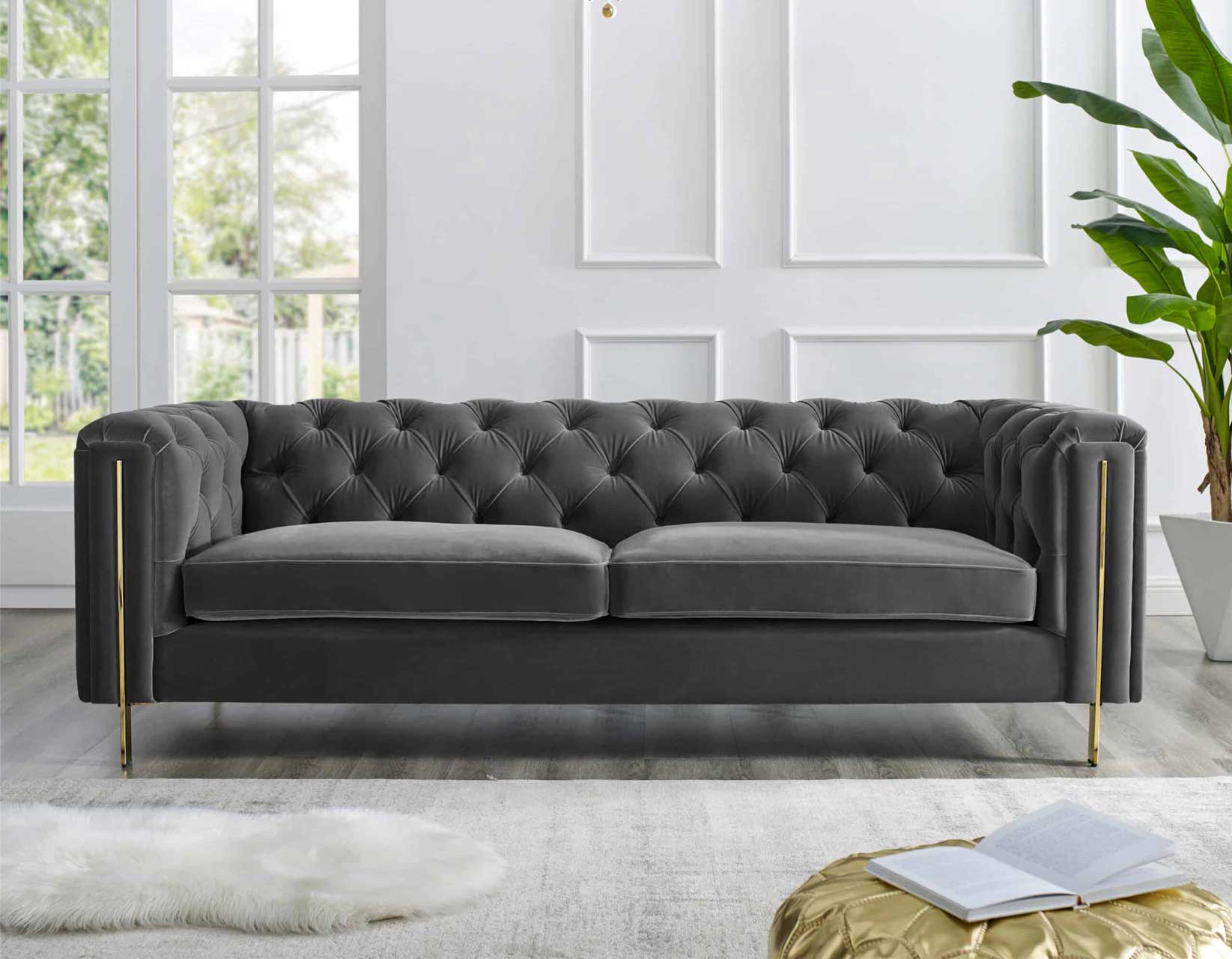 Charlene Gray Velvet Button Tufted Rolled Arm Chesterfield Sofa ...