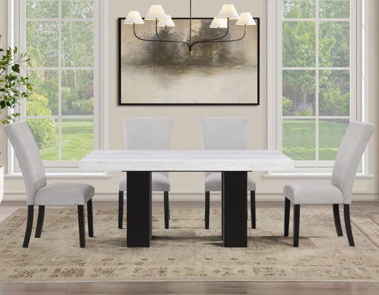 Artemis 5 Piece 70″ Rect White Marble Table, Black Finish w/ Gray Chenille Chairs