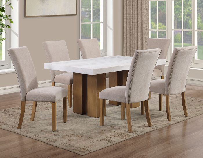 Artemis 5 Piece 70″ Rect White Marble Table, Tan Finish w/ Beige Chenille Chairs