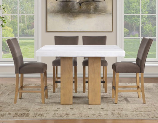 Artemis 5-Piece 54″ Square White Marble Counter Table, Sand Finish w/ Brown Velvet Counter Chairs