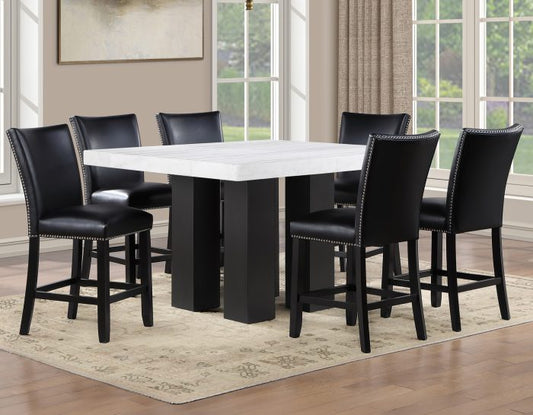 Artemis 54″ Square White Marble Counter Table with Black Vegan Leather Counter Chairs
