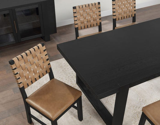 Reid Dining Table 77-95" Dining Table Top with 18" Leaf & Chairs, Black Finish with Saddle Brown Vegan Leather