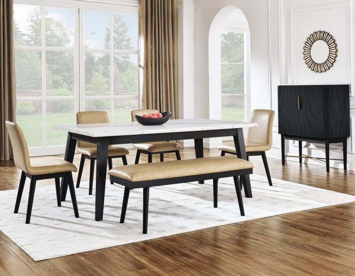 Vida 6-Piece White Marble Dining Table-Chairs & Server