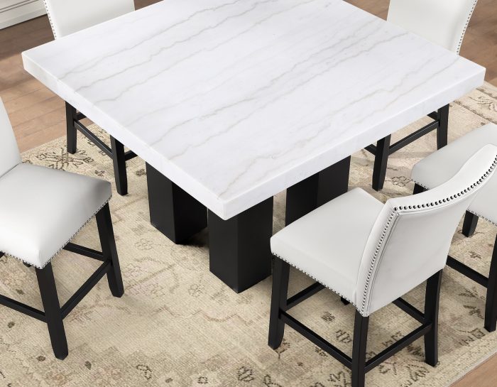 Artemis 54″ Square White Marble Counter Table with Artemis White Vegan Leather Counter Chairs