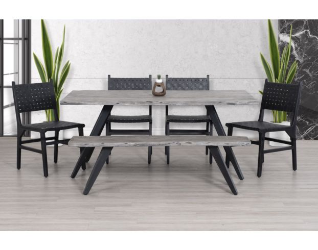 Rustic Dining Table, Bench in Acacia Wood with Metal Legs & Leather Chairs