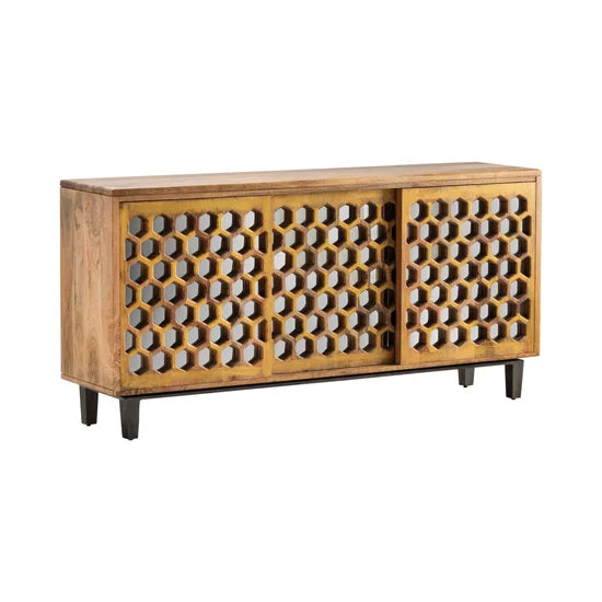 Bengal Manor Mango Wood 3 Sliding Door Cabinet w/ Honeycomb Mirror