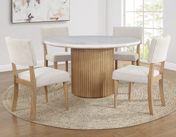 Colvin 52″ Round White Marble Dining Table & 4 Chairs, Toffee Finish