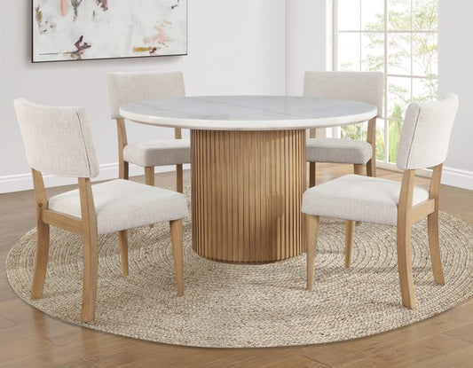 Colvin 52″ Round White Marble Dining Table & 4 Chairs, Toffee Finish