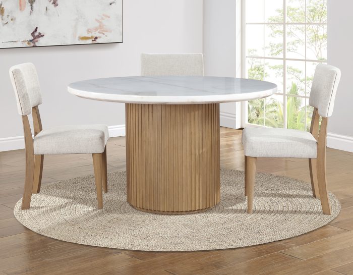 Colvin 52″ Round White Marble Dining Table & 4 Chairs, Toffee Finish
