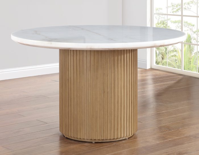 Colvin 52″ Round White Marble Dining Table & 4 Chairs, Toffee Finish