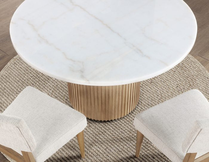 Colvin 52″ Round White Marble Dining Table & 4 Chairs, Toffee Finish