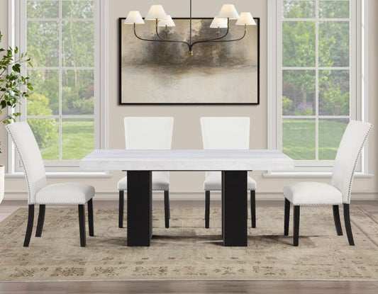 Artemis 5-Piece 70″ Rect White Marble Table, Black Finish w/ White Vegan Leather Chairs