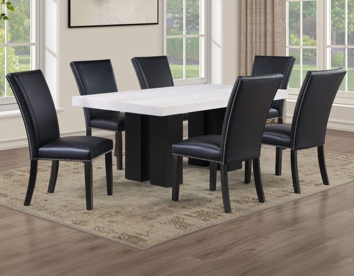 Artemis 5 Piece 70″ Rect White Marble Table, Black Finish w/4 Black Vegan Leather Chairs
