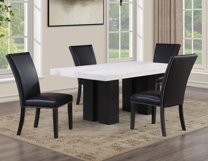 Artemis 5 Piece 70″ Rect White Marble Table, Black Finish w/4 Black Vegan Leather Chairs