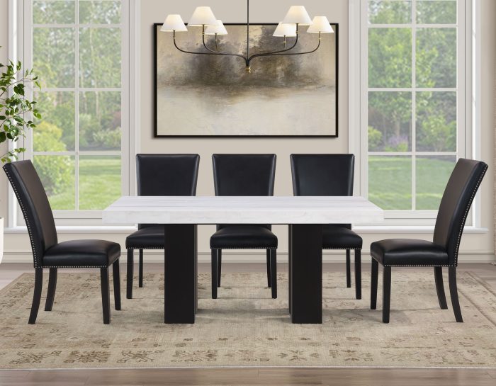 Artemis 5 Piece 70″ Rect White Marble Table, Black Finish w/4 Black Vegan Leather Chairs