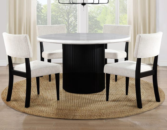 Colvin 52″ Round White Marble Dining Table & Chairs, Black Finish