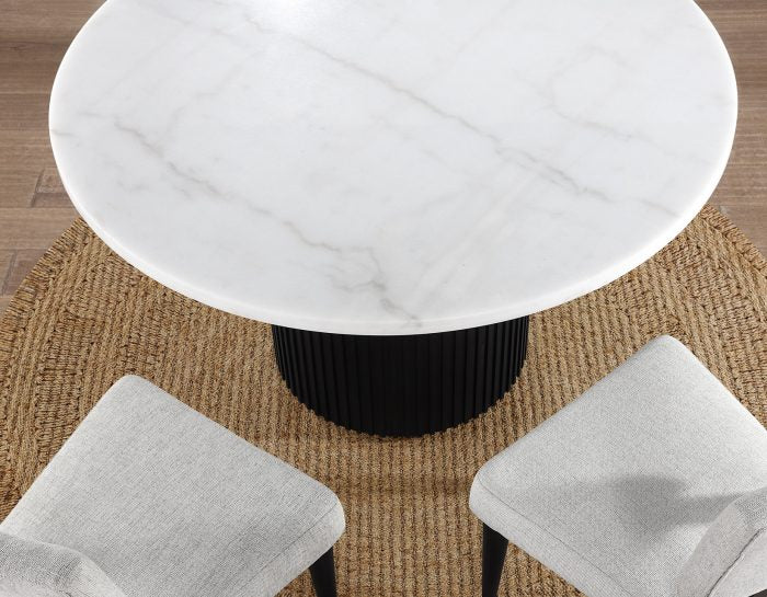 Colvin 52″ Round White Marble Dining Table & Chairs, Black Finish