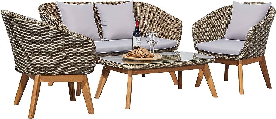 Grayton 4-Piece Wicker Patio Conversation Set with Gray Cushions