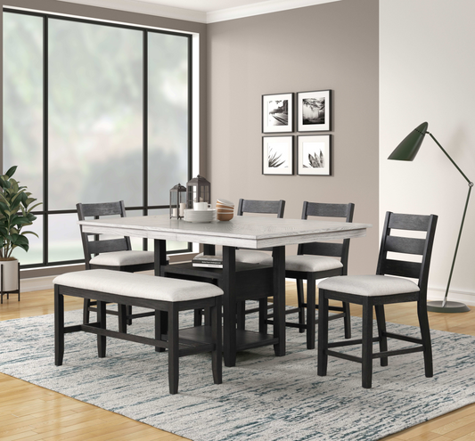 6PC COUNTER HEIGHT TABLE, 4 CHAIRS & BENCH
