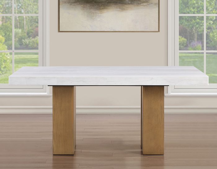 Artemis 70″ Rect White Marble Table, Tan Finish with 4 Brown Velvet Chairs