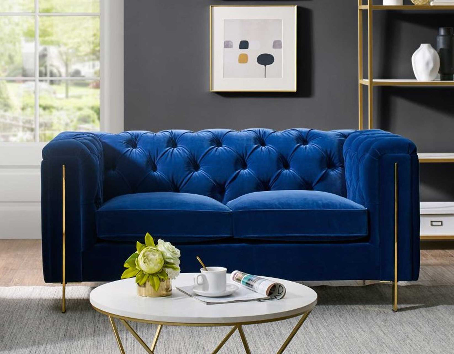 Charlene Blue Velvet Button Tufted Rolled Arm Chesterfield Sofa & Loveseat