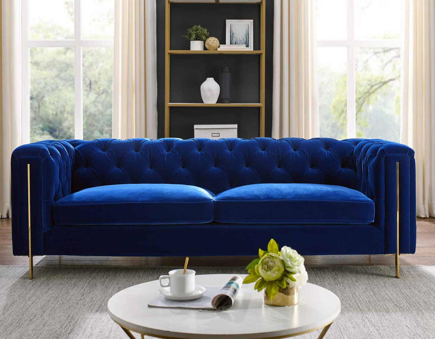 Charlene Blue Velvet Button Tufted Rolled Arm Chesterfield Sofa & Loveseat