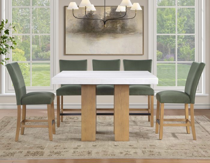 Artemis 5-Piece 54″ Square White Marble Counter Table, Sand Finish w/ Green Velvet Counter Chairs
