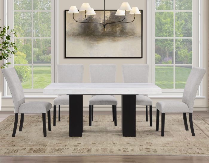 Artemis 5 Piece 70″ Rect White Marble Table, Black Finish w/ Gray Chenille Chairs