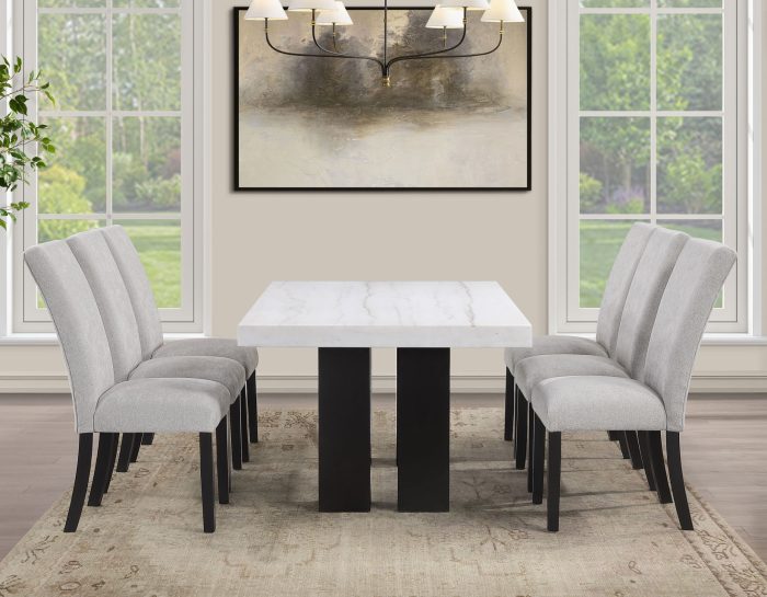 Artemis 5 Piece 70″ Rect White Marble Table, Black Finish w/ Gray Chenille Chairs