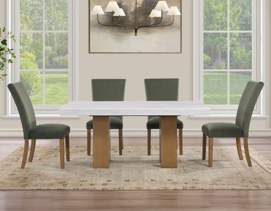 Artemis 70″ Rect White Marble Table, Tan Finish w/ Green Velvet Chairs