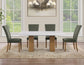 Artemis 70″ Rect White Marble Table, Tan Finish w/ Green Velvet Chairs