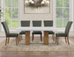 Artemis 70″ Rect White Marble Table, Tan Finish w/ Green Velvet Chairs
