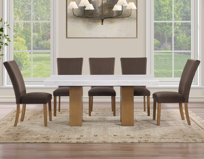 Artemis 70″ Rect White Marble Table, Tan Finish with 4 Brown Velvet Chairs