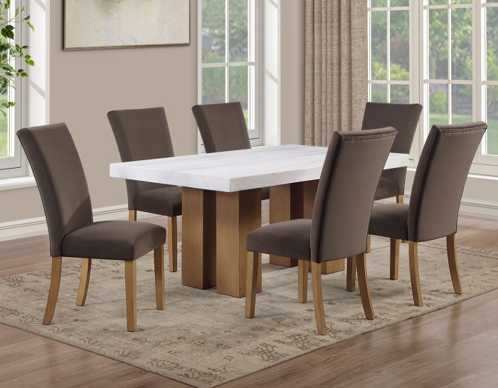 Artemis 70″ Rect White Marble Table, Tan Finish with 4 Brown Velvet Chairs
