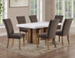 Artemis 70″ Rect White Marble Table, Tan Finish with 4 Brown Velvet Chairs