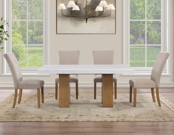 Artemis 5 Piece 70″ Rect White Marble Table, Tan Finish w/ Beige Chenille Chairs