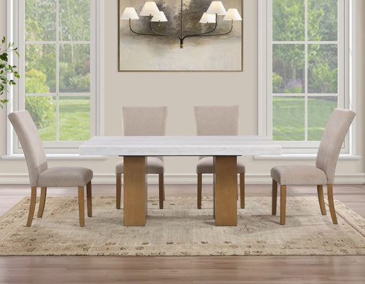 Artemis 5 Piece 70″ Rect White Marble Table, Tan Finish w/ Beige Chenille Chairs