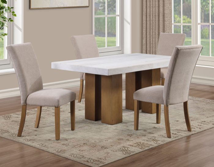 Artemis 5 Piece 70″ Rect White Marble Table, Tan Finish w/ Beige Chenille Chairs