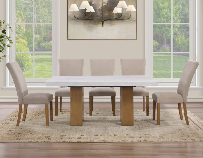 Artemis 5 Piece 70″ Rect White Marble Table, Tan Finish w/ Beige Chenille Chairs