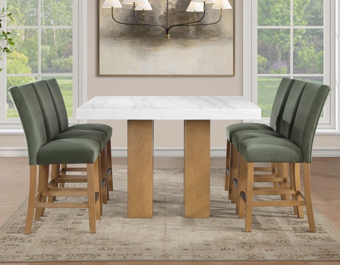 Artemis 5-Piece 54″ Square White Marble Counter Table, Sand Finish w/ Green Velvet Counter Chairs