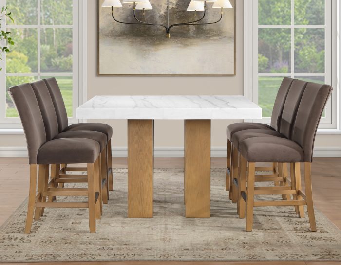 Artemis 5-Piece 54″ Square White Marble Counter Table, Sand Finish w/ Brown Velvet Counter Chairs