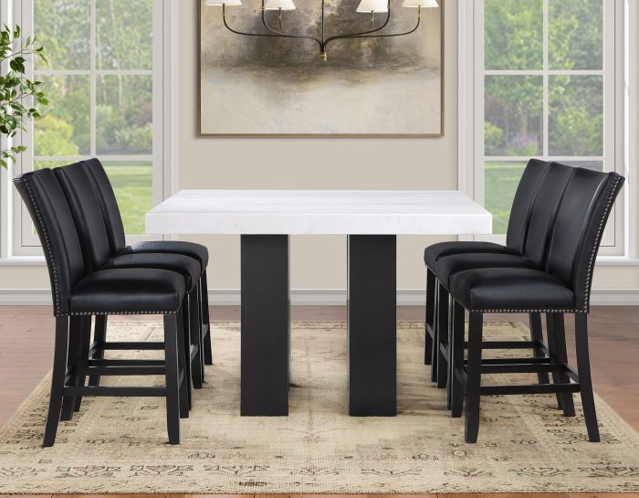 Artemis 54″ Square White Marble Counter Table with  Black Vegan Leather Counter Chairs