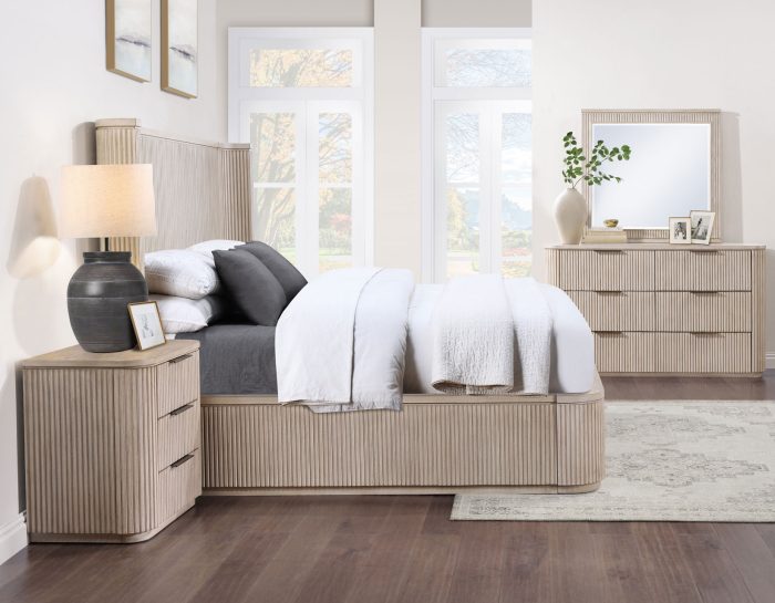 Henry Reeded Queen-King Bed-Chest-Nightstand-Dresser-Mirror Tan Finish
