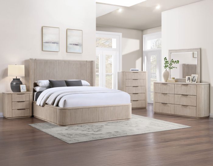 Henry Reeded Queen-King Bed-Chest-Nightstand-Dresser-Mirror Tan Finish