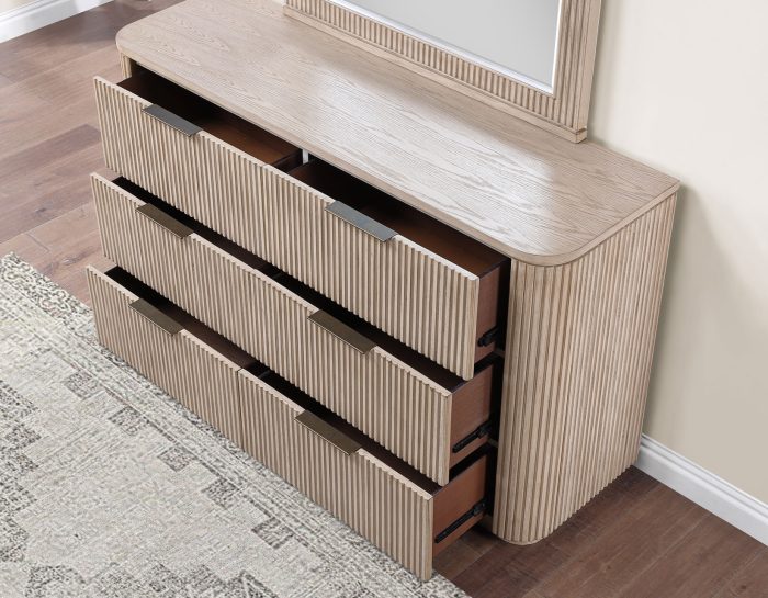 Henry Reeded Queen-King Bed-Chest-Nightstand-Dresser-Mirror Tan Finish