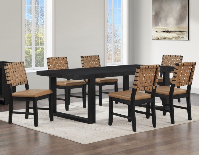 Reid Dining Table 77-95" Dining Table Top with 18" Leaf & Chairs, Black Finish with Saddle Brown Vegan Leather